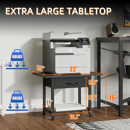YAOHUOO 22"x15" Large Printer Stand with Storage Drawer, 2-Tier Under Desk Printer Table for Home Office, Printer Cart fit Fax Machine/3D Printer/Scanner(Black)