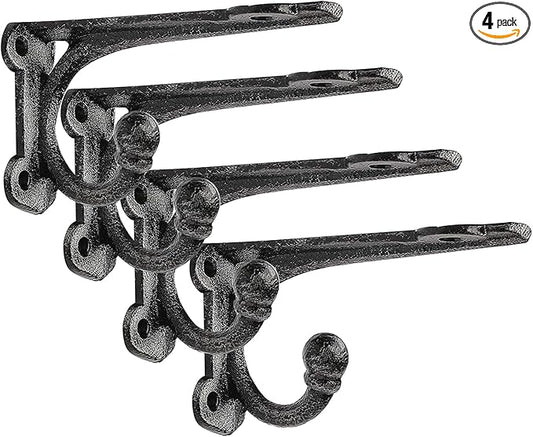 Cast Iron Shelf Brackets 4 Inch, 4 Pack Black Rustic Shelf Brackets with Hooks，Heavy Duty Floating Brackets Wall Mounted, Decorative Brackets for Wood Shelves
