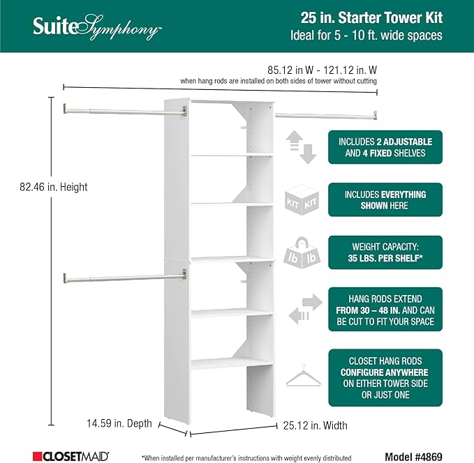 ClosetMaid SuiteSymphony Wood Closet Organizer Starter Kit with Tower and 3 Hang Rods, Shelves, Adjustable, Fits Spaces 5 – 10 ft. Wide, Pure White
