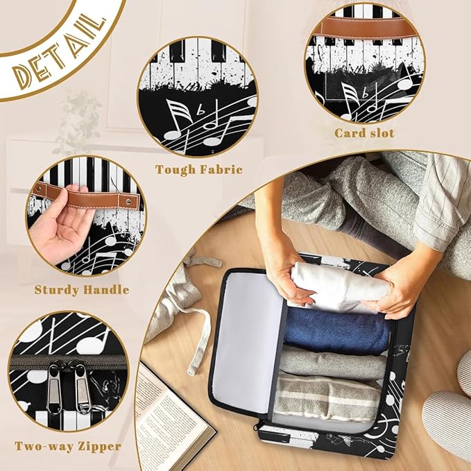 Music Note Ballet Storage Bins with Zipper Lid, Collapsible Fabric Storage Basket with Leather Handles Closet Shelf Cloth Organizer Basket for Nursery Bedroom Clothes Toy