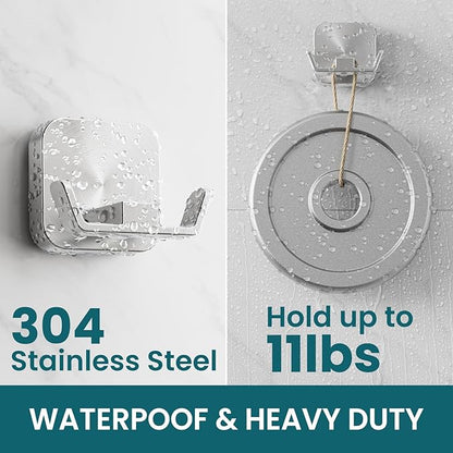 TAILI Patented Strong Suction Cup Hook, 304 Stainless Steel Bathroom Suction Cup Holder for Towel, Loofah, Bathrobe, Damage-Free Hanging Shower Wall Hook, Double-Hook Widening Design, 2 Pack, Silver
