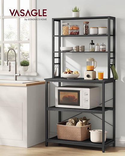 VASAGLE Coffee Bar, 31.5 Inches Baker's Rack for Kitchen with Storage, 6-Tier Kitchen Shelves with 6 Hooks, Microwave Stand, Industrial, Charcoal Gray and Ink Black UKKS019B22