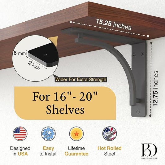 Classic Black Heavy Duty Shelf Brackets 16 inch by Balin Designs– L Bracket, Wall Mounted Support, Extra Wide Bracket, Decorative Shelf Brackets, Fireplace Mantel with Hardware Included, Set of 2