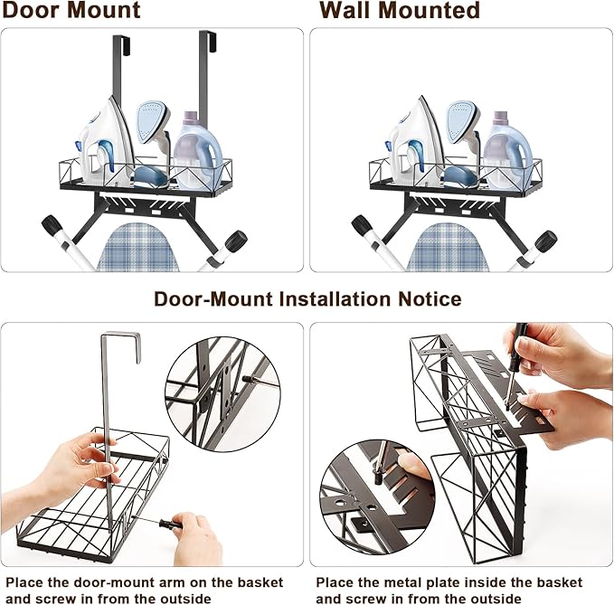 Ironing Board Hanger, Metal Over The Door or Wall Mounted Ironing Board Caddy, Ironing Board Storage Shelf with Adjustable Hooks for Laundry Room, Living Room, Bathroom (Matte Black)