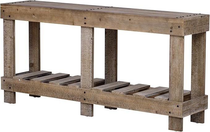 62.9-Inch Extra-Length Tabletop Vintage Entryway Table, Solid Cedar Wood Console Table with 6 Reinforced Legs, Metal Rivet Decor and Plank Under-Shelf for Hallway, Living Room (Natural-J41)