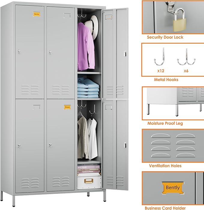 Aobabo Metal Locker for Employees, 6 Doors Metal Locker Cabinet with Lock, Industrial Storage with 18 Hooks, Storage for Office, Gym, Dormitory, Assembly Required, Light Grey