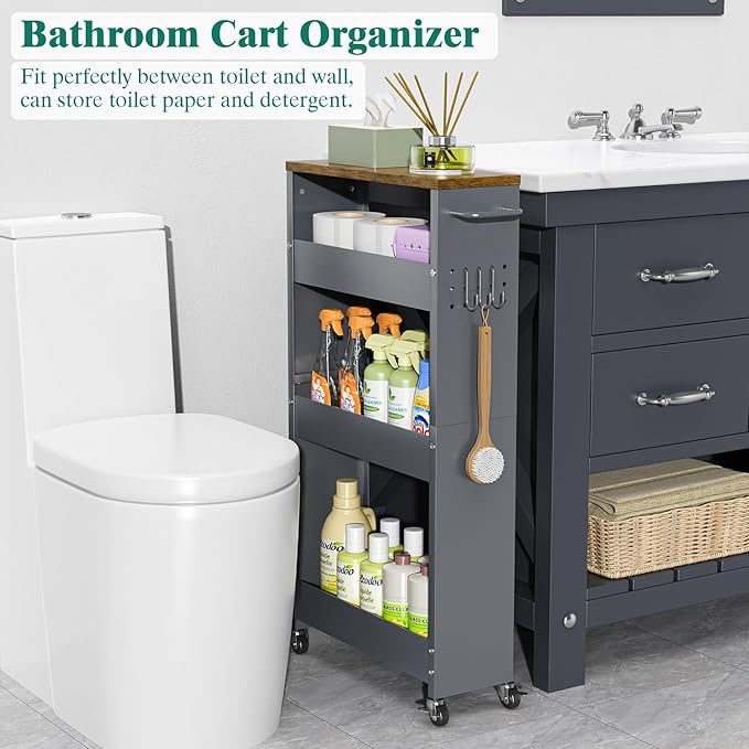 Slim Storage Cart, 4 Tier Rolling Kitchen Cart on Wheels for Small Space, Narrow Laundry Bathroom Organizers Mobile Shelving Unit Metal Utility Cart with Handle, 5.9in Width, Gray