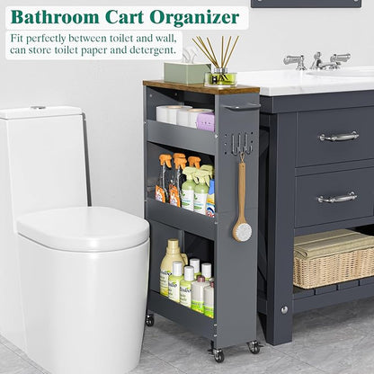 Slim Storage Cart, 4 Tier Rolling Kitchen Cart on Wheels for Small Space, Narrow Laundry Bathroom Organizers Mobile Shelving Unit Metal Utility Cart with Handle, 5.9in Width, Gray