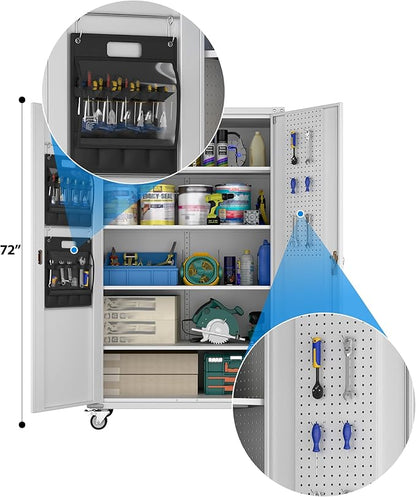 SUXXAN 2025 Upgraded Wide & Deep Garage Storage Cabinet with Wheels, Lockable Metal Storage Cabinet with Pegboards and 9 Hooks, 2 Tool Pouches for Garage,4 Adjustable Shelves
