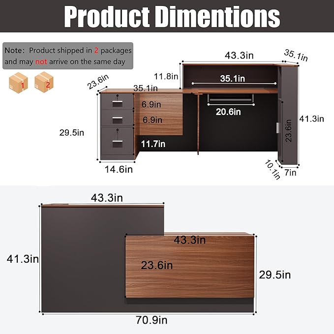 L-Shaped Reception Desk with Lockable Drawers, Adjustable File Cabinet & Keyboard Tray, Modern Front Counter for Office, Salon, or Lobby (Left-L Walnut/Slate Gray, 70.9''L x 23.6''W x 41.3''H)