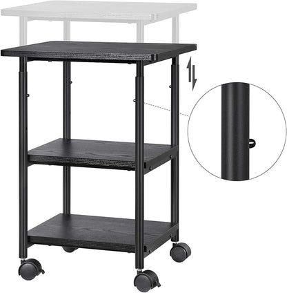 VASAGLE Heavy-Duty Printer Stand with Locking Wheels, 3-Tier Industrial Mobile Cart with Storage Shelf, Printer Table for Home, Office, 26.2-30.1" Adjustable Height, Ebony Black UOPS03B