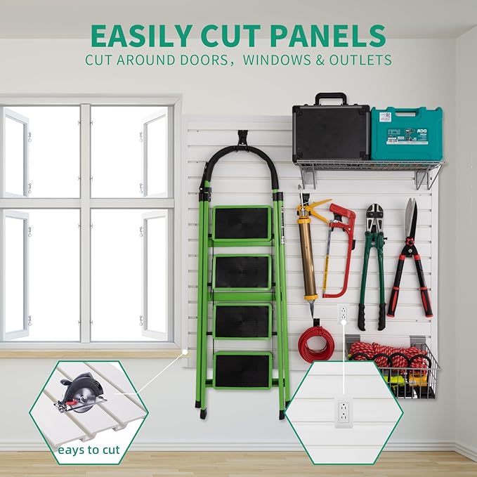 Slatwall Panel Garage Slat Wall Storage Systems with 26 Slatwall Accessories, 4'x8' PVC Black Slat Wall Paneling for Retail Display, Garage Storage, Guitar Shop, Home Storage