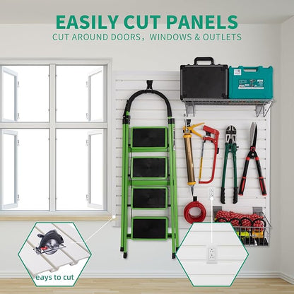 Slatwall Panel 4x4 ft Garage Mounted Storage, White Slat Wall Paneling Garage Organizers Storage, Peg Board Tool Organization PVC Wall Panels, Garage Slat Wall Storage Systems Pegboard Wall Organizer