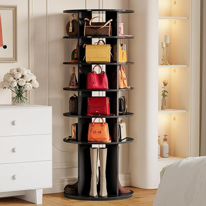 JUMMICO Rotating Shoe Rack Tower, 6-Tier Vertical Closet Storage Organizer for Shoes, Handbags & Tall Boots, 360° Spinning Lazy Susan Base, Space-Saving for Bedroom & Closet (Black)