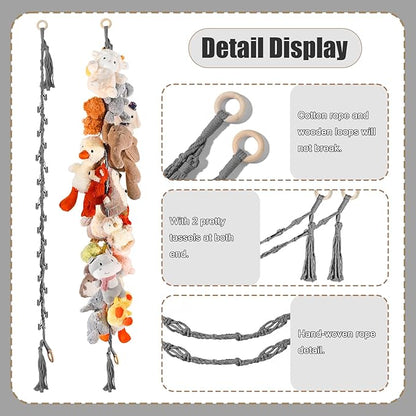 80" Cotton Hanging Storage Chain For Stuffed Animals Storage with 40 Metal Clips, Stuffed Animal Organizer Chain for Wall Corner Nursery Play Room, Grey
