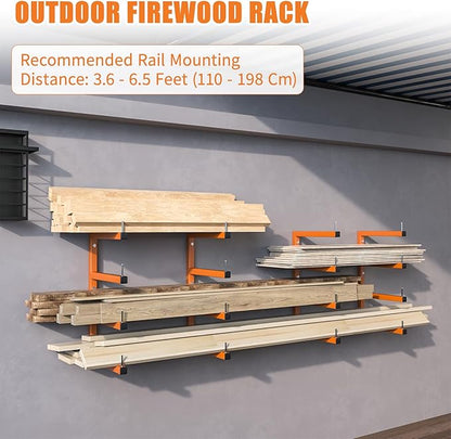 2-Pack Lumber Storage Rack, Wood Storage Racks Wall Mount, Heavy Duty Garage Wood Organizer With 4-Level System, Orange Utility Rack Organization Up 800 Lbs, Metal Lumber Shelf for Indoor and Outdoor