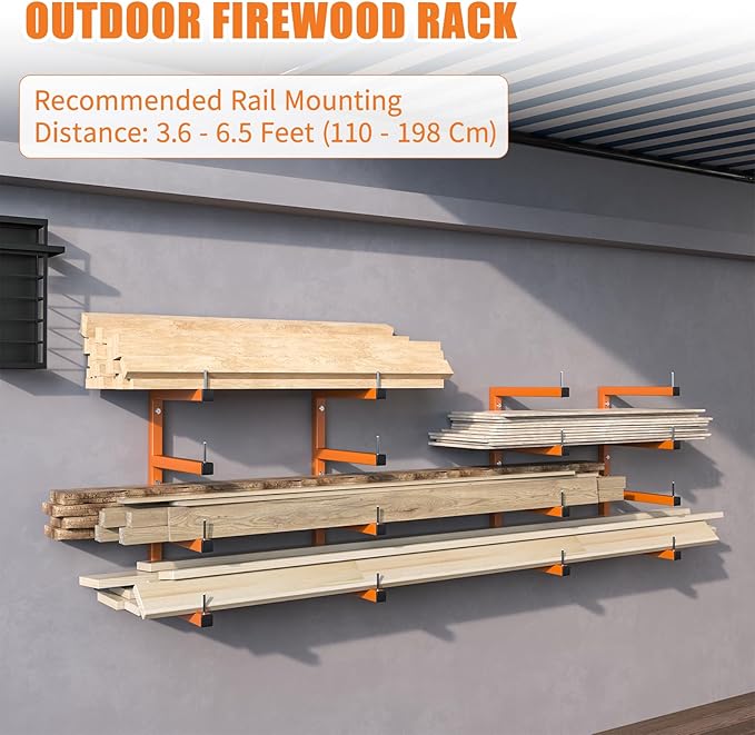 4-Pack Lumber Storage Rack, Wood Storage Racks Wall Mount, Heavy Duty Garage Wood Organizer With 8-Level System, Orange Utility Rack Organization Up 1600 Lbs, Metal Lumber Shelf for Indoor & Outdoor