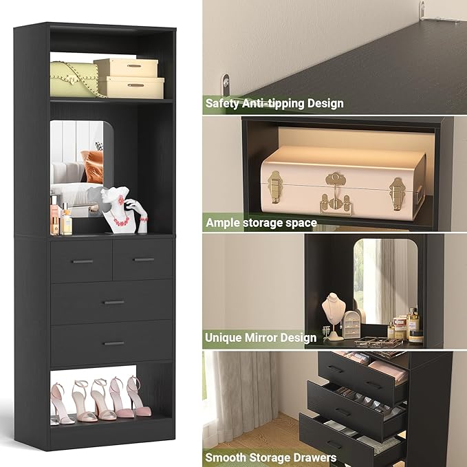 Unikito 25 Inch Closet System with 4 Drawers, 2FT Wood Closets Organizer with Storage Shelves and Mirror Design, Freestanding Sturdy Walk in Closet Tower for Bedroom, 25" W x 16" D x 80" H, Black