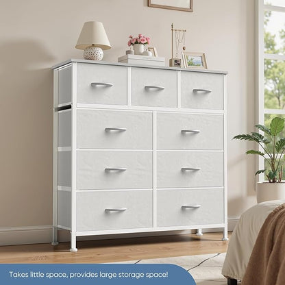DUMOS Dresser for Bedroom, Storage Organizer with 9 Drawers, Chest of Drawers with Fabric Bins, Sturdy Metal Frame, Wood Tabletop for Guest Room, Closet, Entryway, White