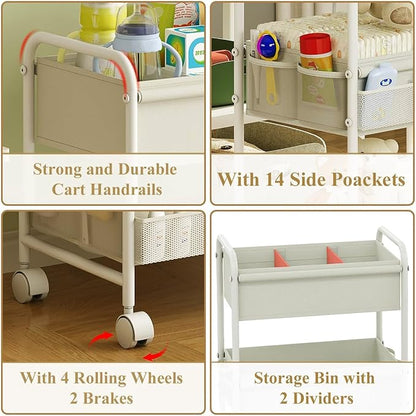 3-Tier Baby Diaper Caddy Cart Organizer,Mobile Nursery Storage Carts with Wheels,With 2 Dividers&14 Mesh Pockets Durable Metal Utility Cart for Nursery, Bedroom, Bathroom, Baby Essentials Organization