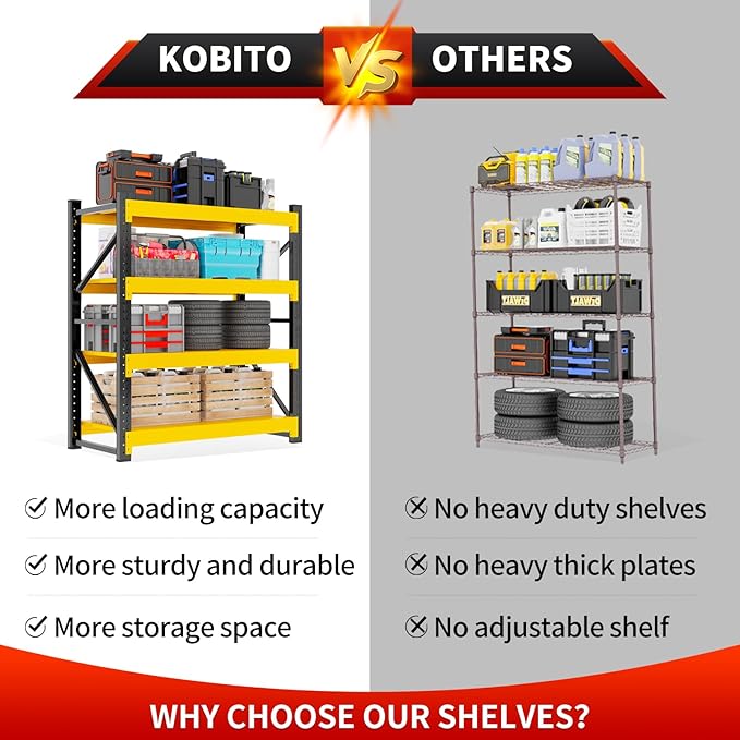 59" W Garage Storage Shelves, 3000LBS Garage Shelving Heavy Duty Adjustable Shelving Unit, 4 Tier Metal Utitly Shelves Industrial Shelving for Warehouses,Basement,Black Yellow