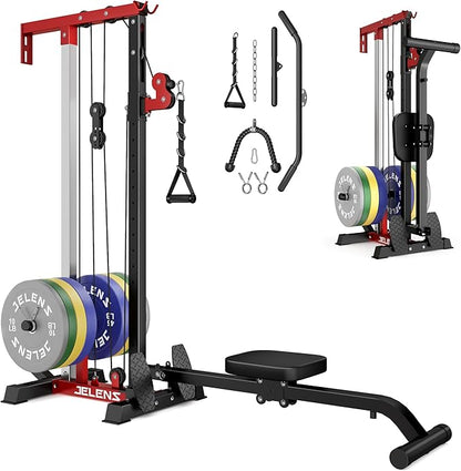 RC01 Foldable LAT Pulldown Machine with Adjustable seat, Wall Mount Cable Station with 16 Adjustable Positions, Cable Machine Home Gym 2 in 1, Functional Trainer with Rowing and LAT Pulldown