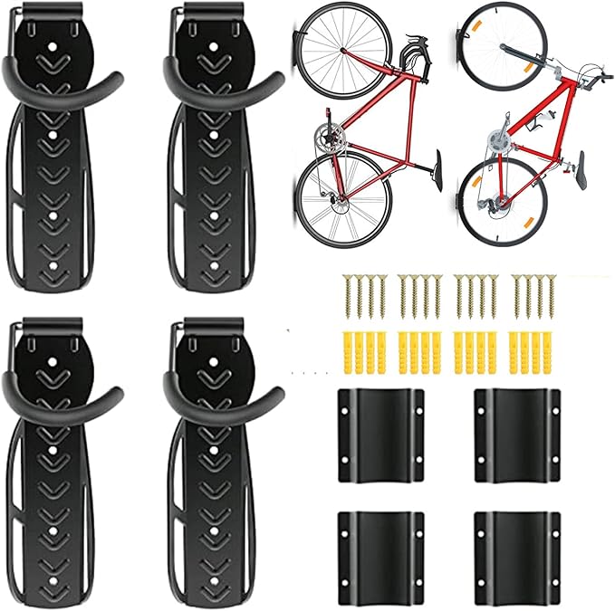 4 Pcs Heavy Duty Bike Wall Mount Hooks with Tire Tray-Vertical Bike Rack with Rubber Coated Hooks for Hanging Road,Mountain,and Hybrid Bicycle and for Garage Storage-Holds Upto 50Lbs