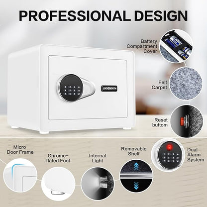 Safe for Home, 1.0 Cubic Feet Small Safe with Removable Shelf, Alarm System, Digital Electronic Security Money Box for Cash, Document, Home, Office, Hotel Use, White, 9.84"D x 13.78"W x 9.84"H