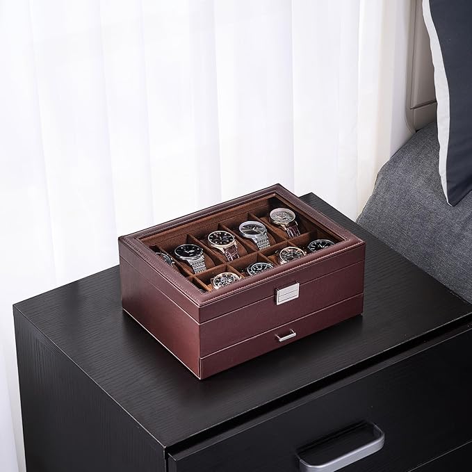 ProCase Watch Box, 10 Slot Watches Display Case with Drawer, Mens Watch Case with Glass Lid, 2-Layer Mens Jewelry Organizer Storage Holder, Birthday Valentine Gifts for Men -10 Slot, Espresso