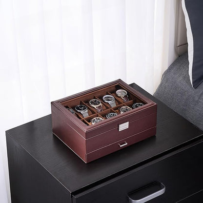 ProCase Watch Box, 10 Slot Watches Display Case with Drawer, Mens Watch Case with Glass Lid, 2-Layer Mens Jewelry Organizer Storage Holder, Birthday Valentine Gifts for Men -10 Slot, Espresso