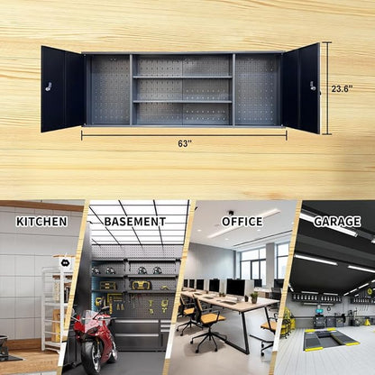 Large Wall Metal Tool Storage Cabinet with Lockable Doors and Removable Shelves for Garage Workshop Utility Room, Black & Grey