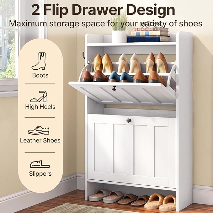 Gizoon Shoe Cabinet with 2 Flip Drawers, Slim Shoe Storage Cabinet for Entryway, Freestanding Narrow Rack with Open Storage, for Hallway, White