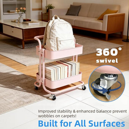 2 Tier Short Rolling Cart with Wheels All-Metal Pink Pantry Storage for Kitchen,Under Desk Trolley with Handle Small Wheeled Storage Cart for Laundry Room Bathroom, Under Table Small Space