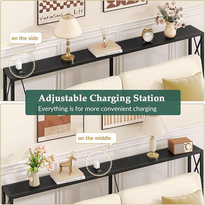 Console Table Narrow Long, Behind Couch Table with Oulets & USB Ports, Industrial Long Skinny Stand for Entryway,Hallway, Living Room, Bedroom Black, 7.9" D x 70" W x 30.3" H