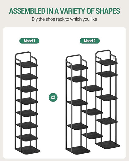 8 Tiers Vertical Shoe Rack, Narrow Shoe Tower, Tall Shoes Shelf with 2 Hooks, Adjustable Shelves, Corner Shoes Shelves for Small Spaces, Entryway, Living Room, Black SR04304B