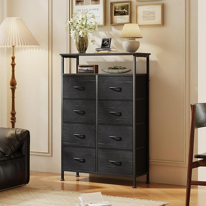 DUMOS TV Stands for Living Room with 8 Drawers, Tall 8-Drawer Chest of Drawers with Raised Shelf, Storage Tower with Fabric Bins for Organization, Hallway Storage, Wood Black