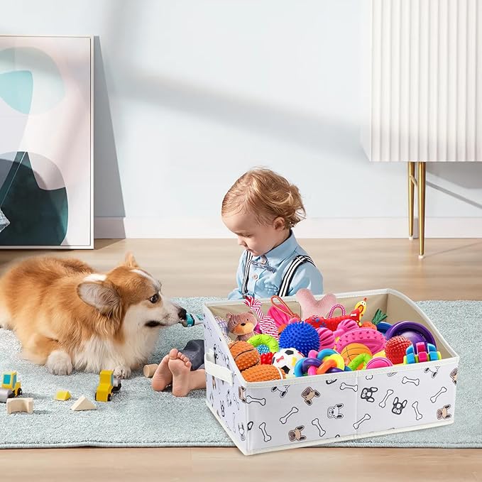 Geyecete Foldable Dog Toy Organizer Boxes - Cloth+Cardboard Trapezoid Storage Box with Handle, Basket for Toys (Beige Dog Head Print)