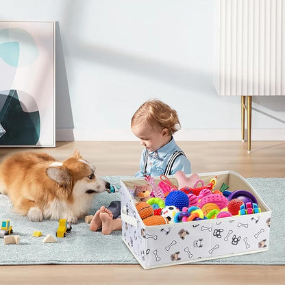 Geyecete Foldable Dog Toy Organizer Boxes - Cloth+Cardboard Trapezoid Storage Box with Handle, Basket for Toys (Beige Dog Head Print)