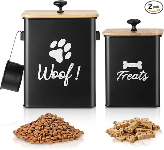 Dog Treat Containers Set of 2, Dog Food Storage Containers with Airtight Lids, Metal dog treat jars for Kitchen Countertop, Pet Food Canister Keep Snack Fresh, 5.9"×5.9"×7.1", Black