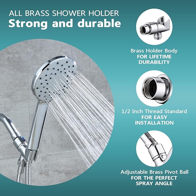 All Metal Handheld Shower Head Holder - Adjustable Shower Rod Holder with Brass Pivot Ball - Handheld Shower Head Holder - Shower Hose Holder for attaching Shower arm to Shower Hose, Chrome…