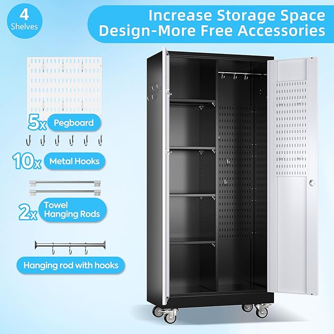 Metal Broom Closet Storage Cabinet, Garage Storage Cabinet with Wheels, Pegboard, Lockable Doors, 4 Adjustable Shelves for Garage, Home, Black and White, 71" H x 31.5" W x15.75 D