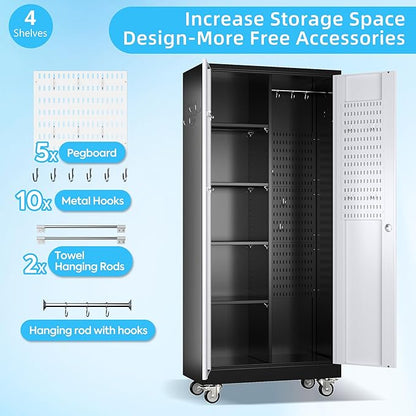 Metal Broom Closet Storage Cabinet, Garage Storage Cabinet with Wheels, Pegboard, Lockable Doors, 4 Adjustable Shelves for Garage, Home, Black and White, 71" H x 31.5" W x15.75 D