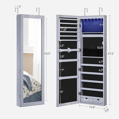 SONGMICS 6 LEDs Mirror Jewelry Cabinet, 47.2-Inch Tall Lockable Wall or Door Mounted Jewelry Armoire Organizer with Mirror, 2 Drawers, 3.9 x 14.6 x 47.2 Inches, Gray UJJC93GY