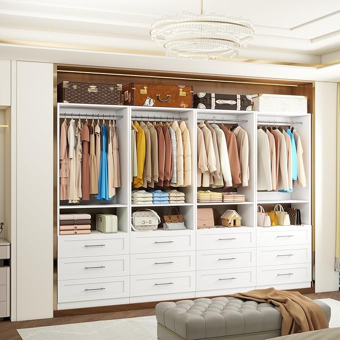 Closet System with Drawers, 8FT Closet Organizer System Wood Walk-in Closet Shelf Corner Small Closets Storage System with Hanging Rods Modular White (8FT)