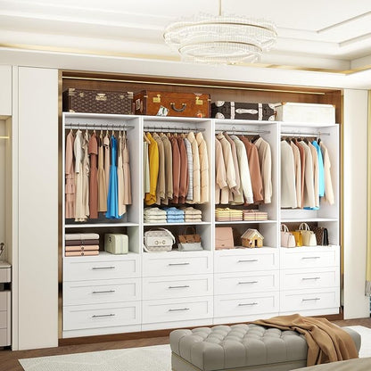 Closet System with Drawers, 8FT Closet Organizer System Wood Walk-in Closet Shelf Corner Small Closets Storage System with Hanging Rods Modular White (8FT)
