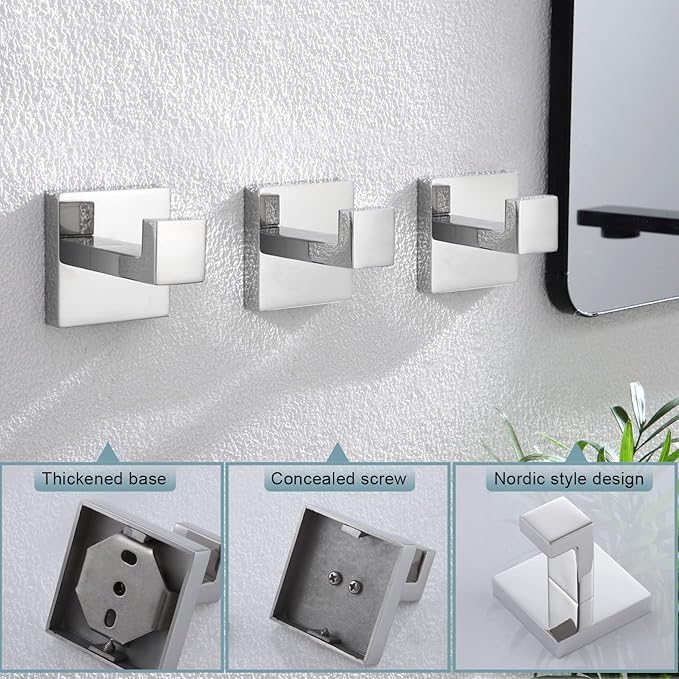 KOKOSIRI Bathoom Towel Hook Wall Mount Square Bath Robe Hook Coat Hook Kitchen Garage Heavy Duty SUS 304 Stainless Steel 3 Pack Polished Chrome B1010CH-P3