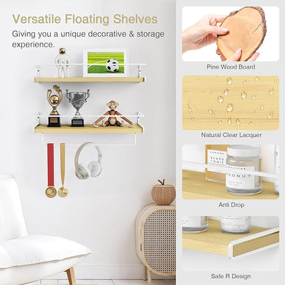 Forbena Floating Shelves for Wall with Rail, White and Natural Wood Nursery Book Shelves for Baby Girls Boys Kids Room Bedroom, Hanging Bookshelves Wall Mounted for Books, Toys, Bathroom (Set of 2)