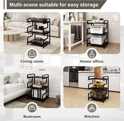 Natwind 3-Tier Printer Stand with Wheels Movable Storage Cart Floor-Standing Multi-Purpose Shelf Rack for Media Player Scanner Files Books Microwave Oven in Kitchen Living Room Home Office (Black)