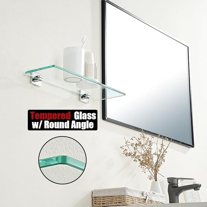JQK Bathroom Glass Shelf, Floating Tempered Glass Shower Storage 16 by 5 inches, 304 Stainless Steel Polished Chrome Wall Mount 2 Pack, TGS201L16-CH-P2