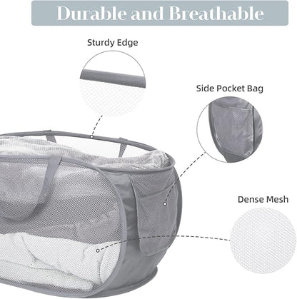 3 Pack Collapsible Laundry Baskets, Foldable Laundry Basket with Pocket, Mesh Pop Up Hampers, Reinforced Handles Dirty Clothes Hamper for Laundry, Bedroom, Bathroom, Dorm, Travel or Camping Grey